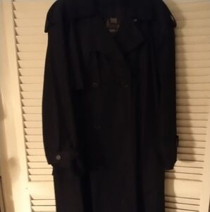 Woman black long London Fog Town trench coat sz 12 R cotton blend double breast